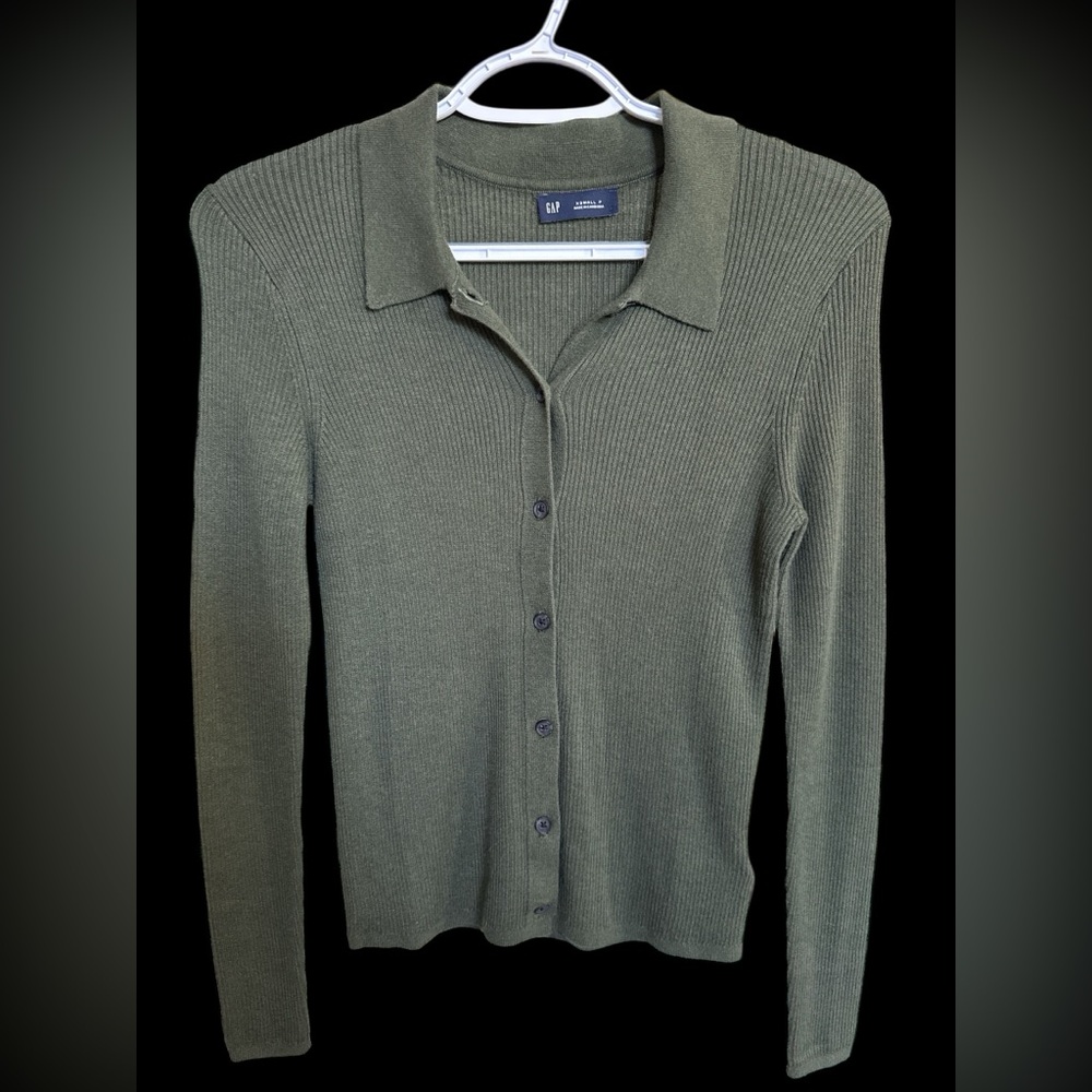 GAP Cash Soft Ribbed XS Petite Green Sweater Cardigan Button up Collared